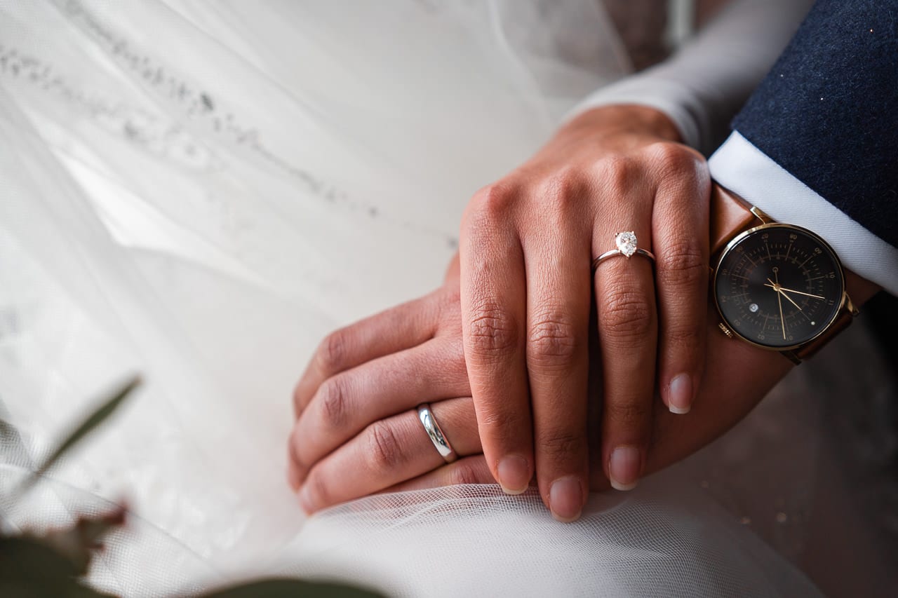 Bride and groom hands with rings